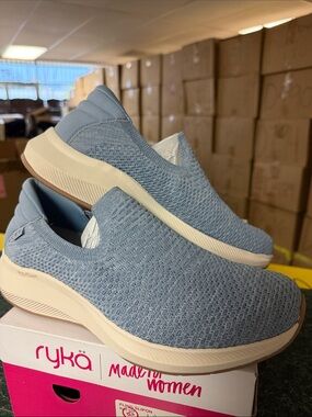 Ryka Women’s Slip-On Knit Sneakers in Light Blue and Cream 🏋️‍♀️